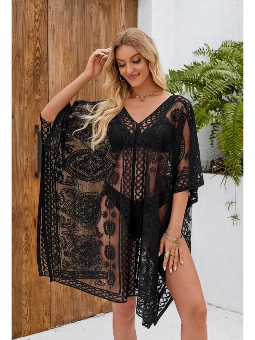 Women Black Polyester V-Neck Elegant Lace Beach Cover Up For Poolside And Party